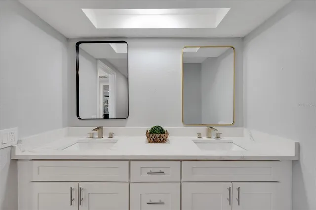 a bathroom with vanity sink and mirror