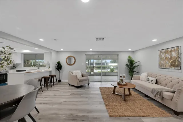 a living room with furniture a rug potted plant and a large window