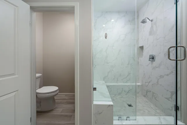 a bathroom with a toilet and a shower