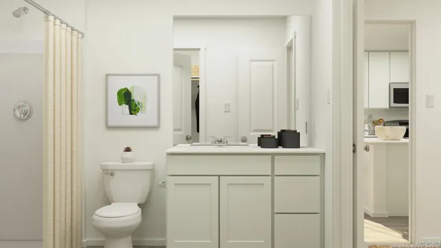 a bathroom with a granite countertop toilet sink and mirror