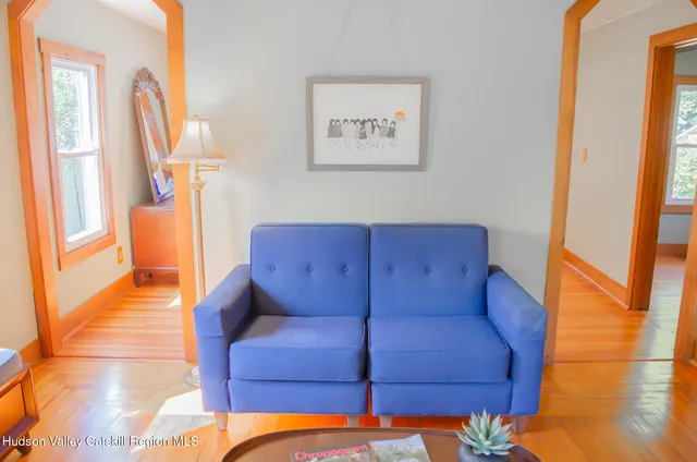 a living room with furniture and a gate