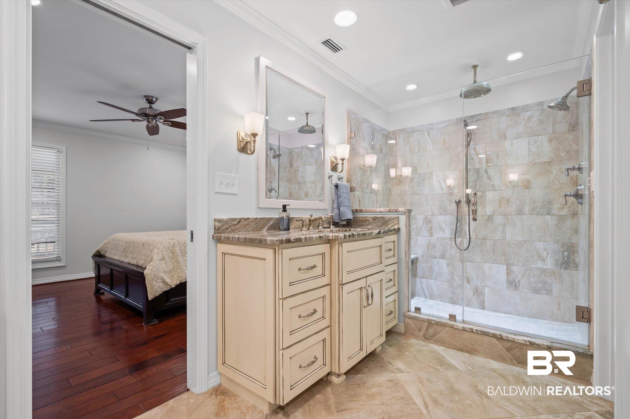 31369 Blakeley Way Daphne, AL 36527 - Photo 9 of 38 Bathroom featuring crown molding, vanity, a stall shower, ceiling fan, and recessed lighting