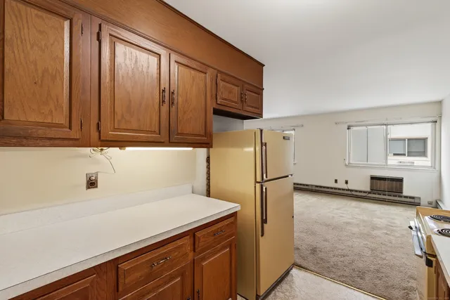 a kitchen with a sink a refrigerator and cabinets