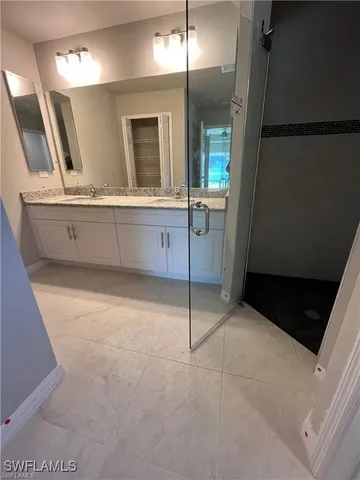 a bathroom with a sink a mirror and a shower