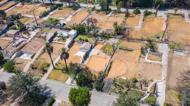 a view of a backyard with large trees