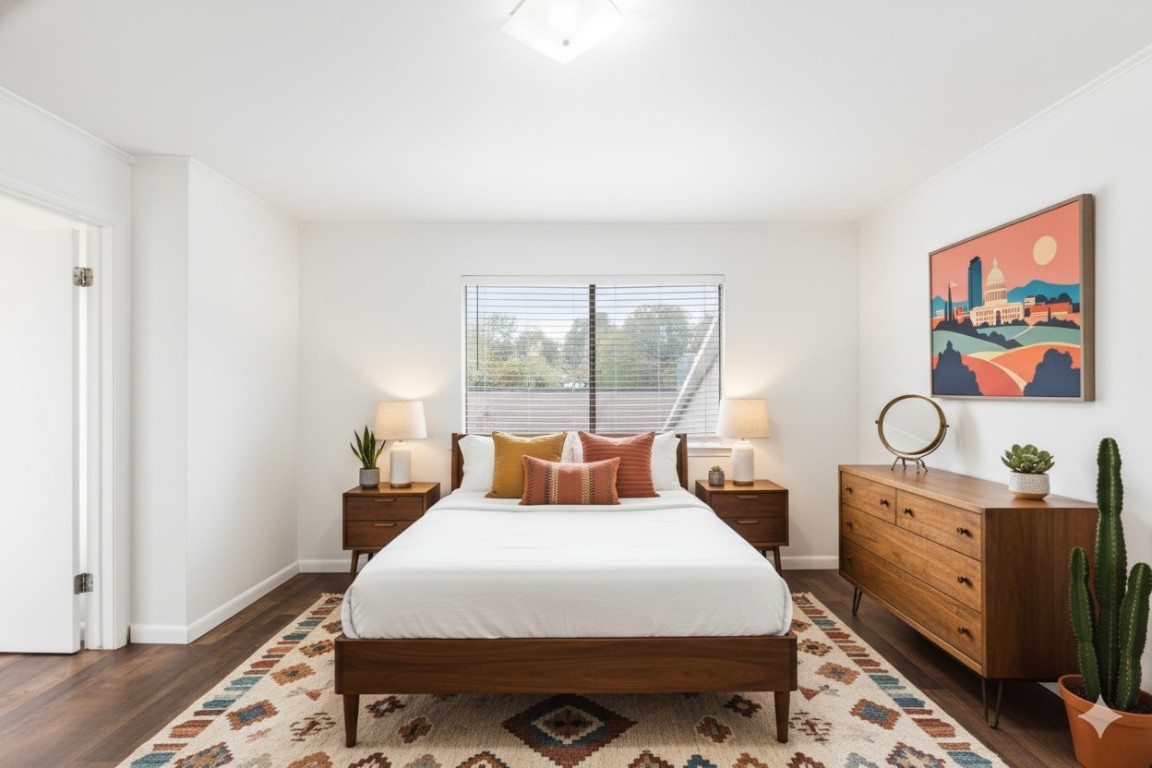 1712 Timber Ridge Road Austin, TX 78741 - Photo 7 of 35 a bedroom with a bed and wooden floor