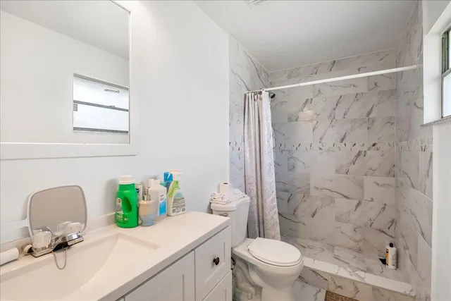 a bathroom with a sink vanity mirror and toilet