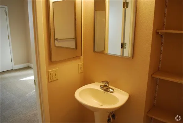 a bathroom with a sink and a mirror