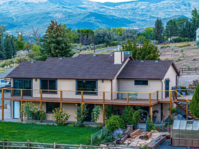 a aerial view of a house with a yard and potted plants