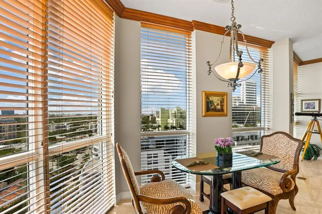 a view of a dining room with furniture and window