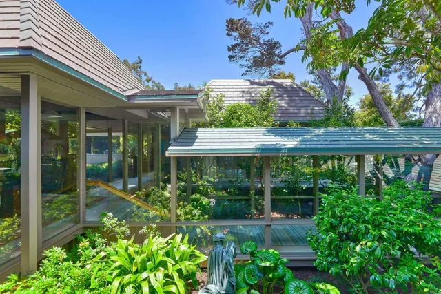 a backyard of a house with a fountain plants and large tree
