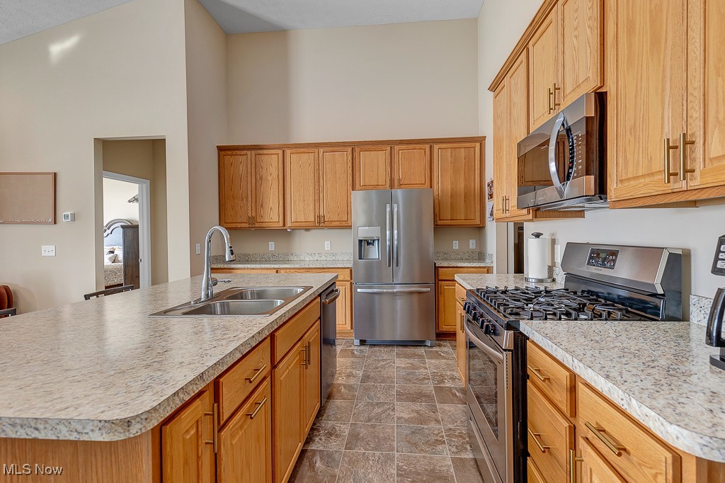 37289 Sandy Ridge Drive North Ridgeville, OH 44039 - Photo 5 of 21 Kitchen featuring appliances with stainless steel finishes, sink, a towering ceiling, and a center island with sink