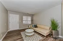 a living room with furniture and a potted plant