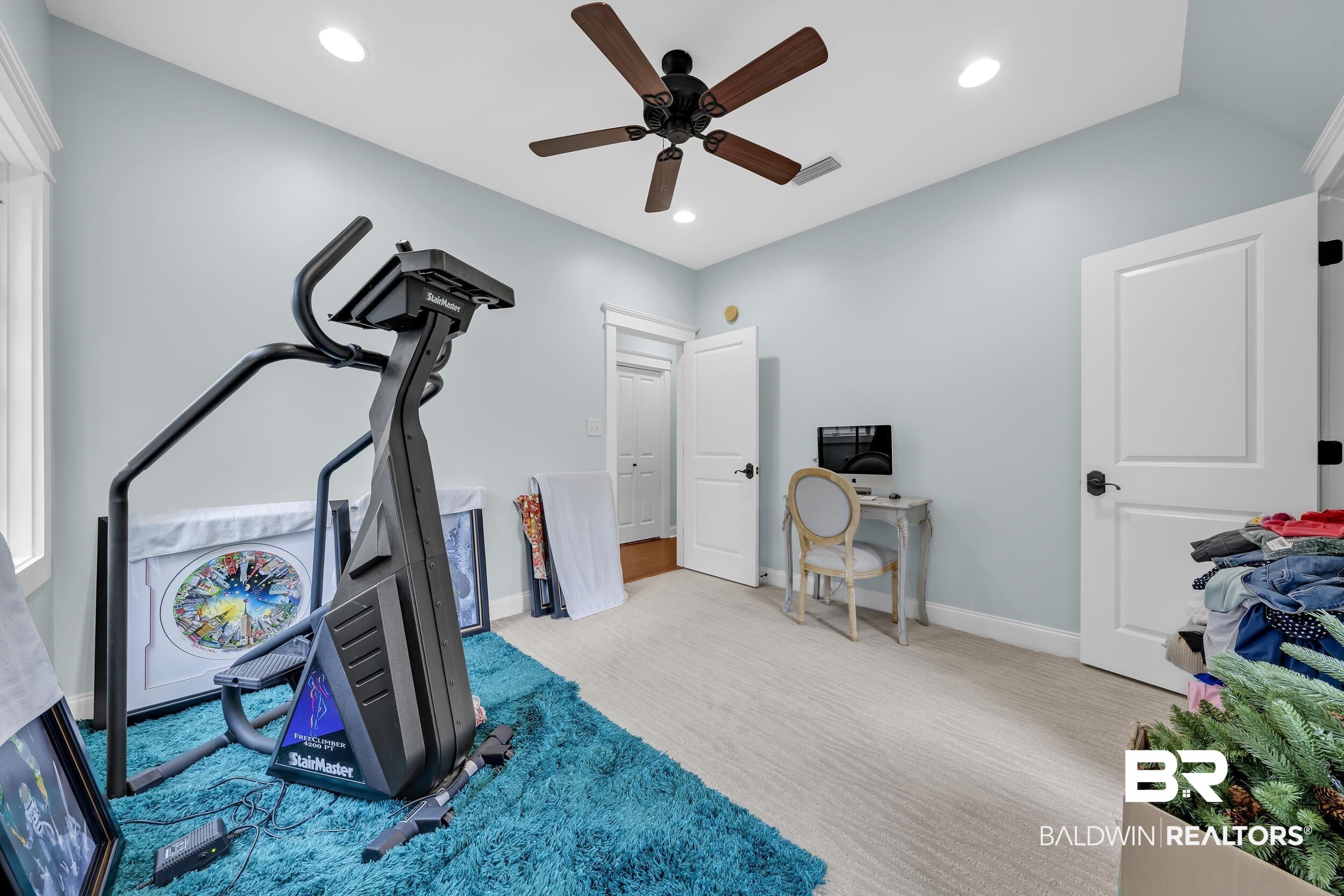 7 Bienville Avenue Mobile, AL 36606 - Photo 28 of 32 Workout room with carpet floors, a ceiling fan, and recessed lighting