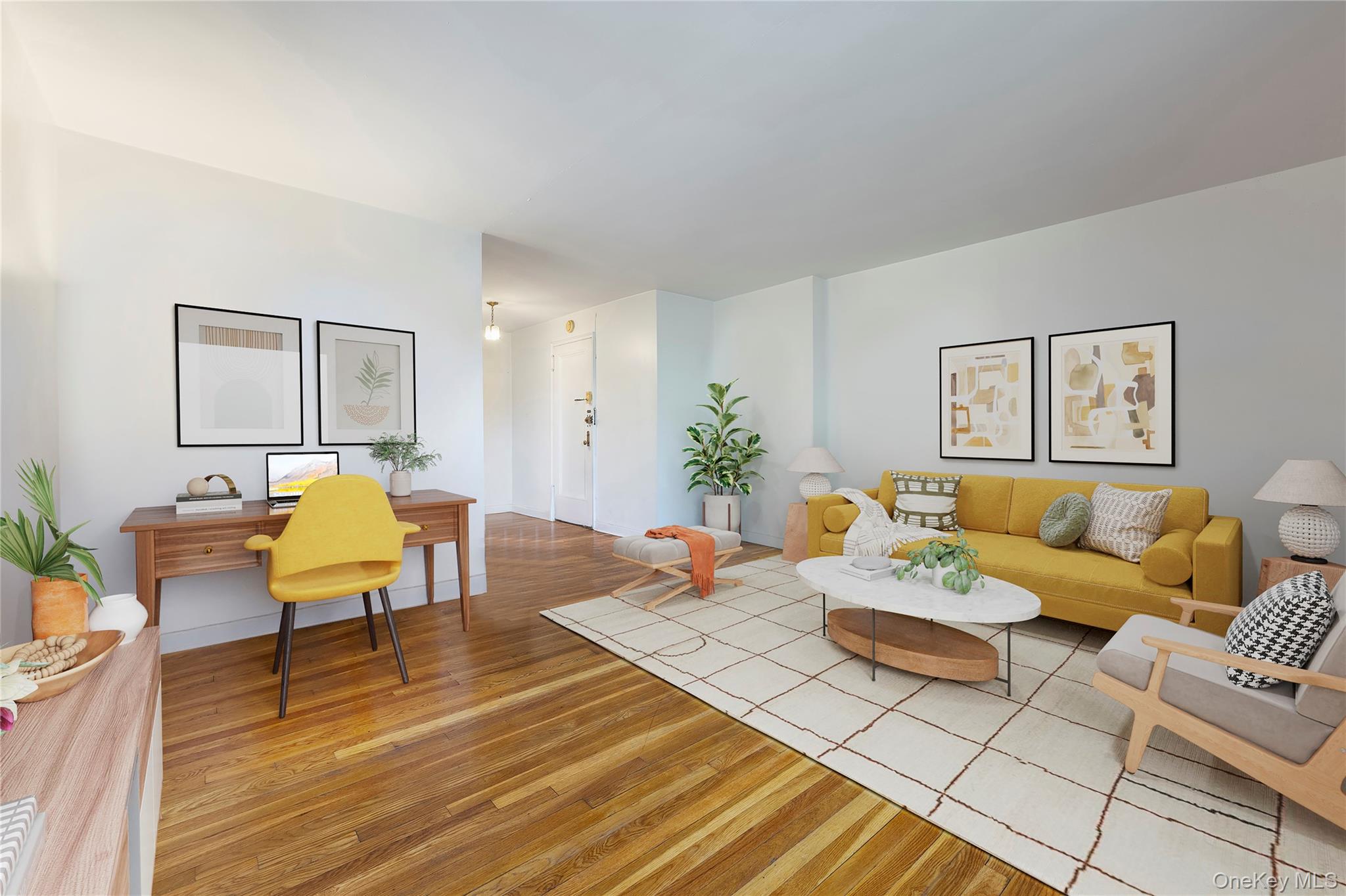 Living room with light wood-style flooring