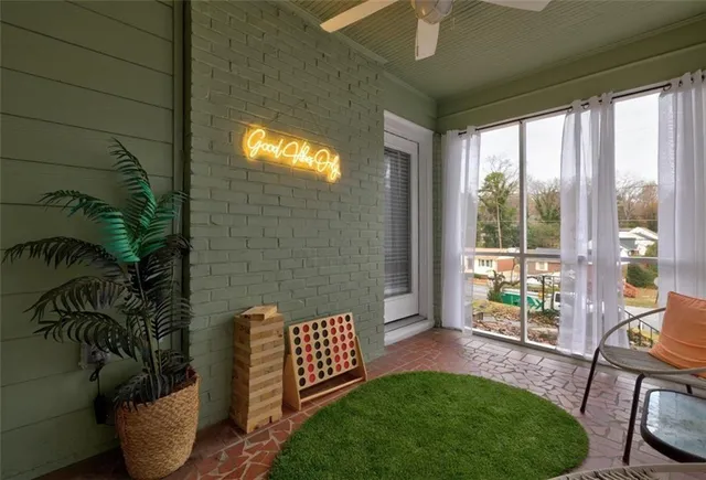 a garden view with a seating space