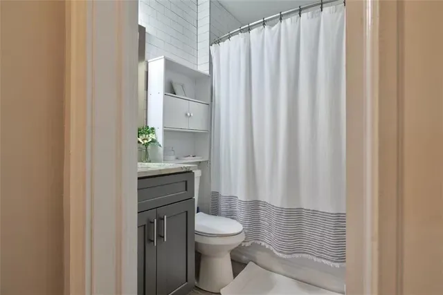 a bathroom with a toilet a sink and a shower curtain