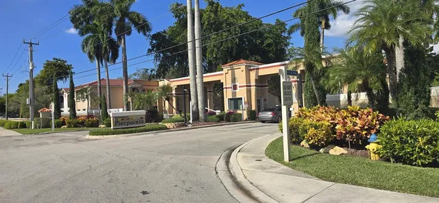 a view of a park with palm trees