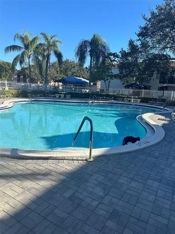 a view of a swimming pool with a yard and plants