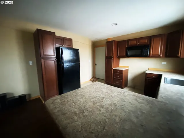 a kitchen with a refrigerator and a sink