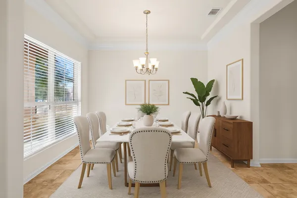 a dining room with furniture potted plants and wooden floor