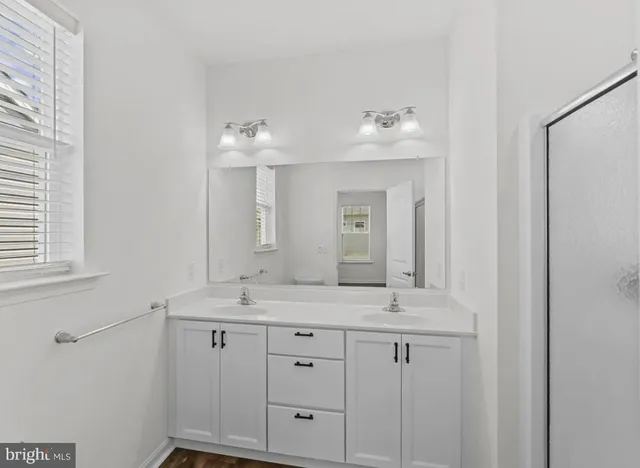 a bathroom with a sink vanity and a mirror