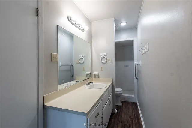 a bathroom with a sink a toilet and shower