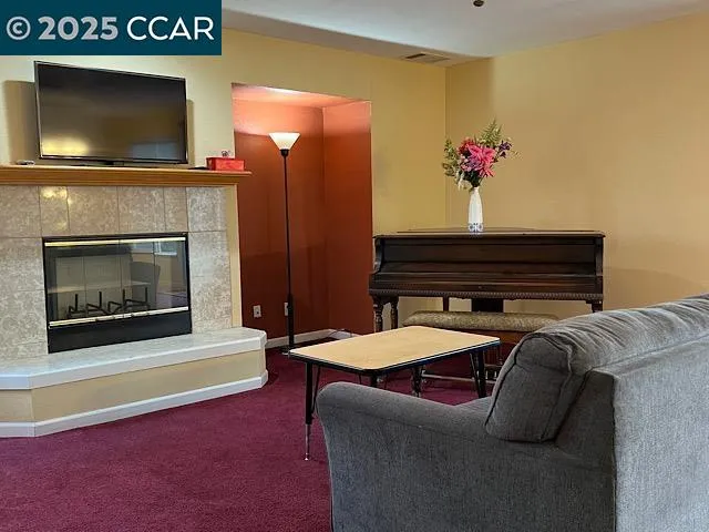 a living room with furniture and a fireplace