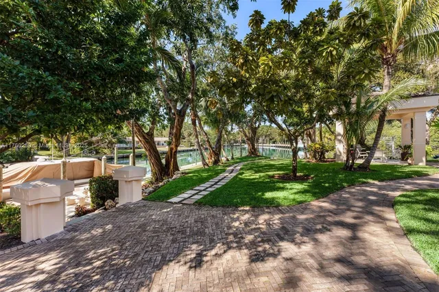 a view of a park with large trees