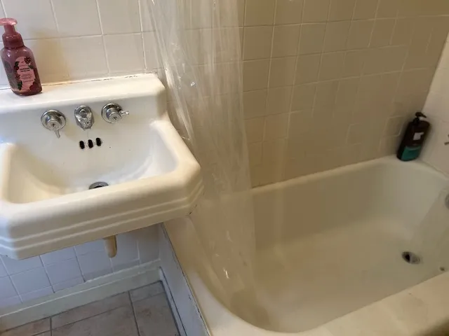 a bathroom with a bathtub