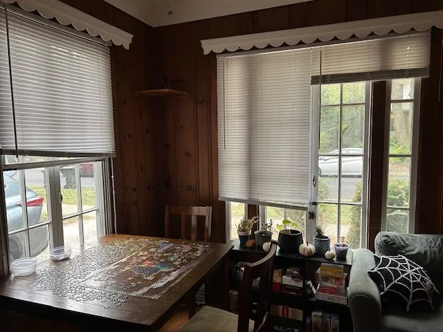a view of a dining room with furniture window and outside view
