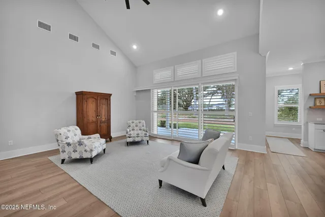 a view of a yard with plants and a large tree