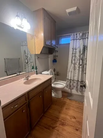 a bathroom with a double vanity sink a toilet and a mirror