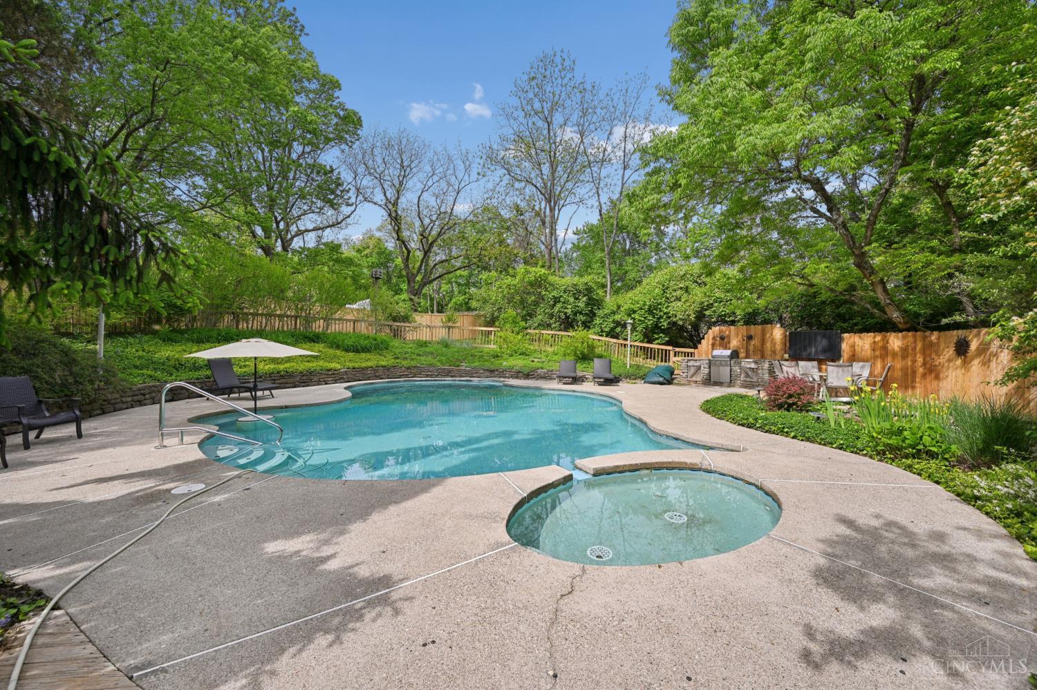 559 Asbury Road Cincinnati, OH 45255 - Photo 44 of 50 Gunite in-ground chlorine pool (3’–8’), Hot tub (not warranted), Outdoor grill, Tiered deck (recently re-stained), Partially fenced yard, Sprinkler system (front yard + pool area), Basketball hoop (NBA regulation)
