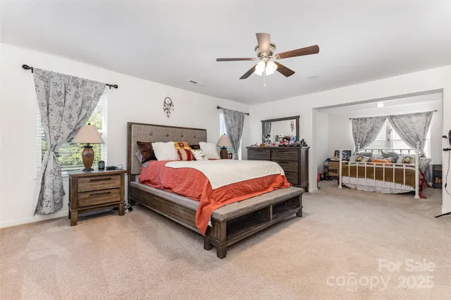 a bed room with a bed and a ceiling fan