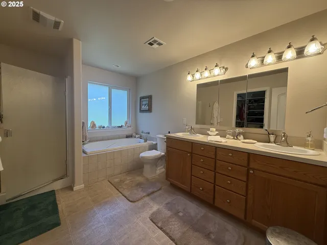 a bathroom with a tub a double vanity sink and mirror