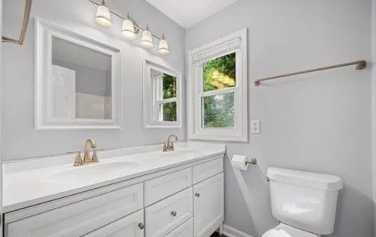 a bathroom with a toilet a sink a mirror a window and vanity