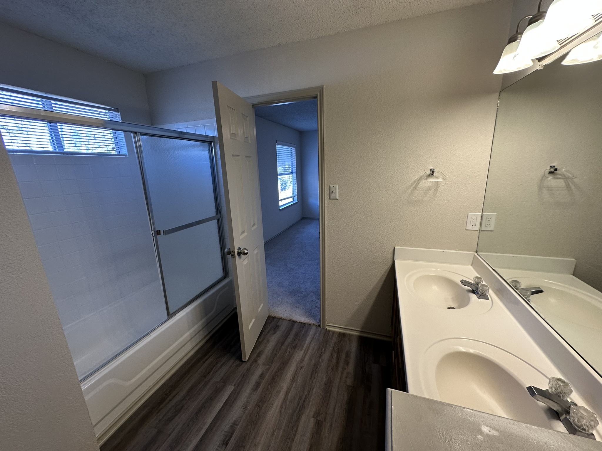 814 Smoke Signal Pass Pflugerville, TX 78660 - Photo 20 of 29 Master Bathroom with double vanity, a textured wall, plenty of natural light, a textured ceiling, and dark wood finished floors