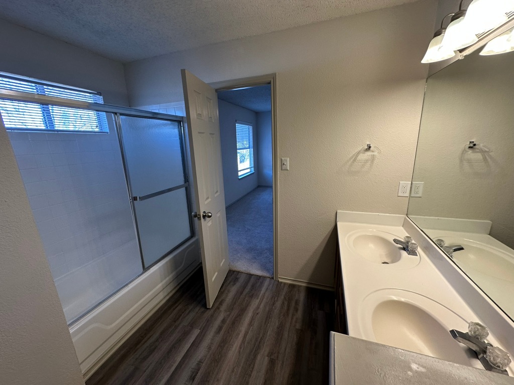 814 Smoke Signal Pass Pflugerville, TX 78660 - Photo 20 of 29 Master Bathroom with double vanity, a textured wall, plenty of natural light, a textured ceiling, and dark wood finished floors