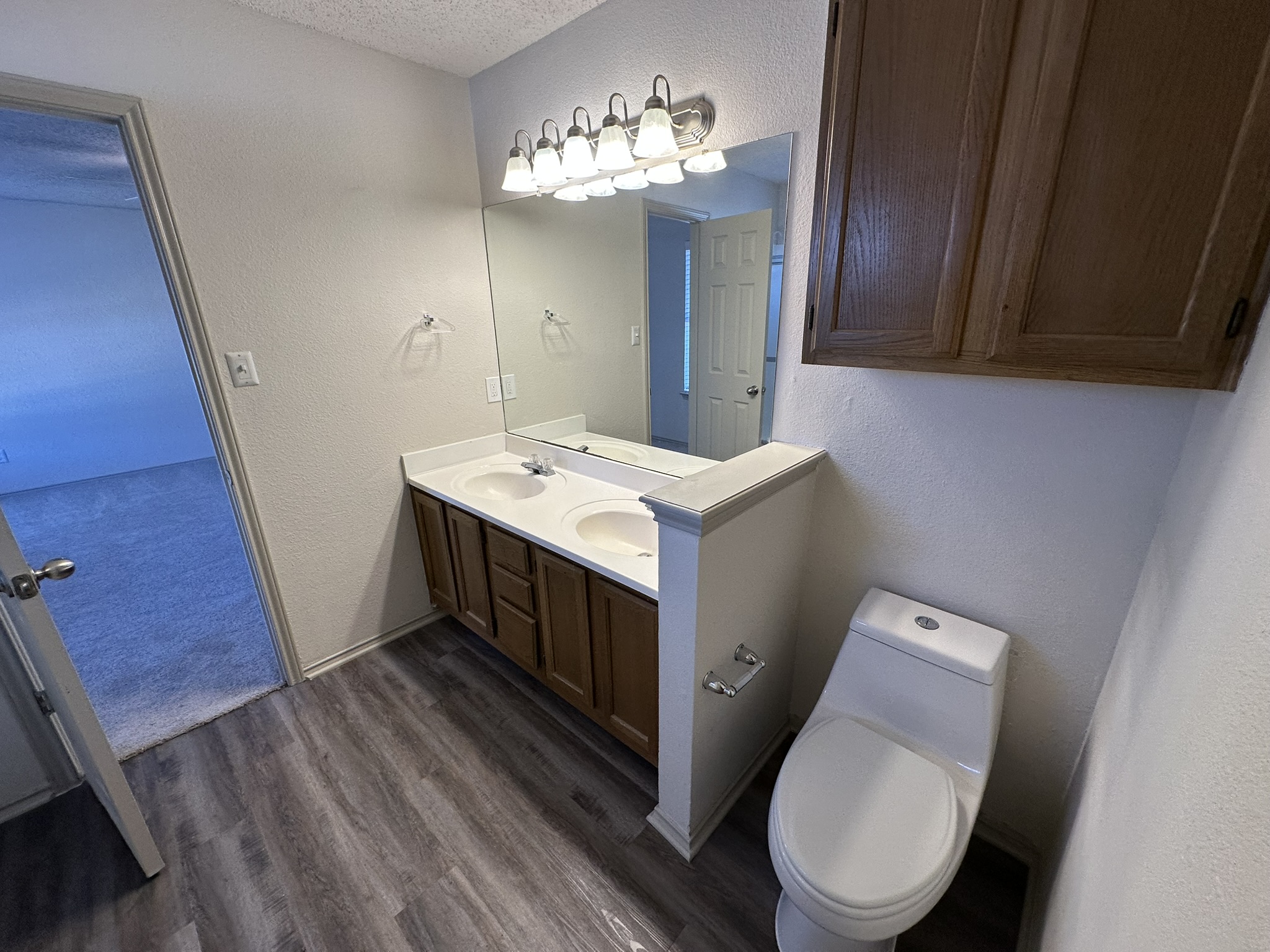814 Smoke Signal Pass Pflugerville, TX 78660 - Photo 22 of 29 Bathroom with a textured wall, double vanity, dark wood finished floors, and a textured ceiling