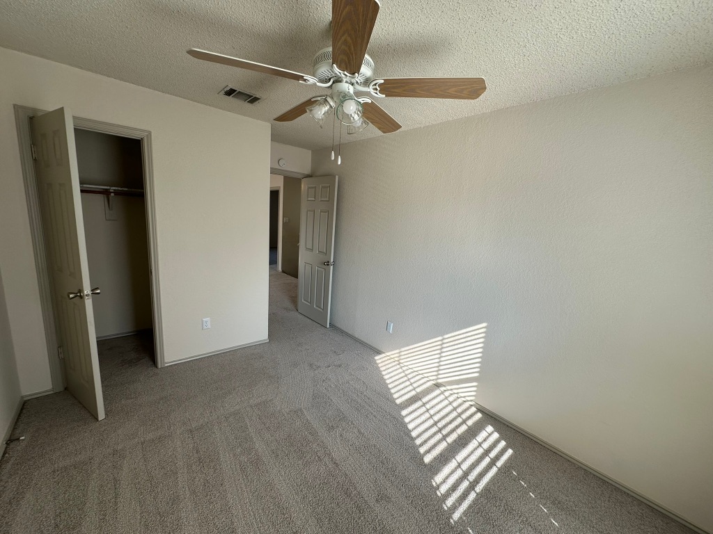 814 Smoke Signal Pass Pflugerville, TX 78660 - Photo 25 of 29 Unfurnished bedroom with carpet flooring, a spacious closet, a textured ceiling, and a ceiling fan