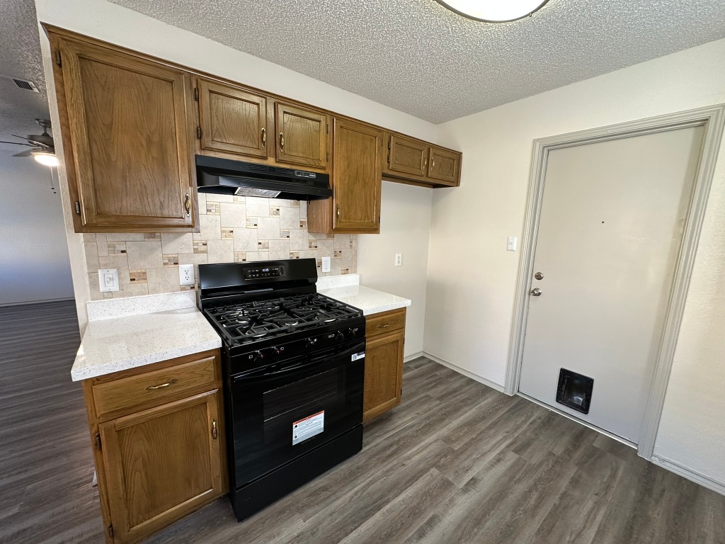 814 Smoke Signal Pass Pflugerville, TX 78660 - Photo 9 of 29 Kitchen with black gas range oven, a under cabinet range hood, dark wood-style floors, and decorative backsplash