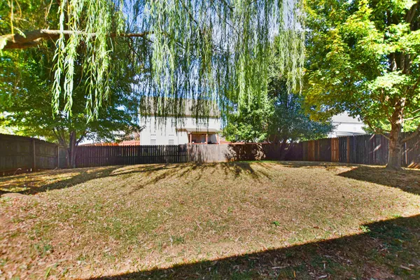 a small yard with large trees and wooden fence