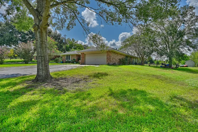 a view of a yard with a house and large trees