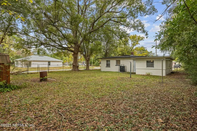 a view of a tree in a yard