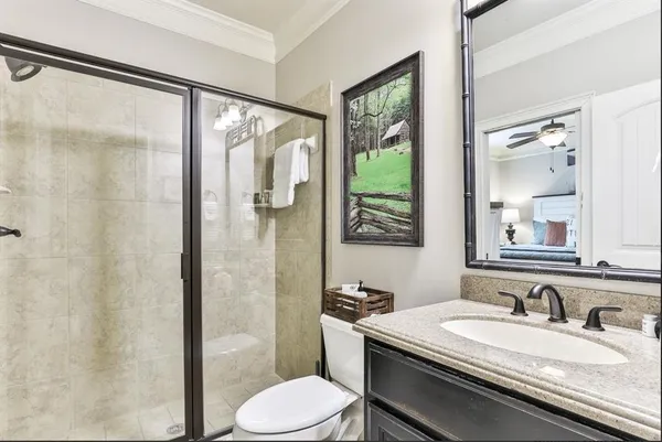a bathroom with a granite countertop sink toilet a mirror and shower