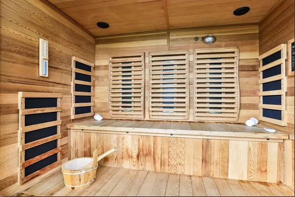 a view of a room with a large window