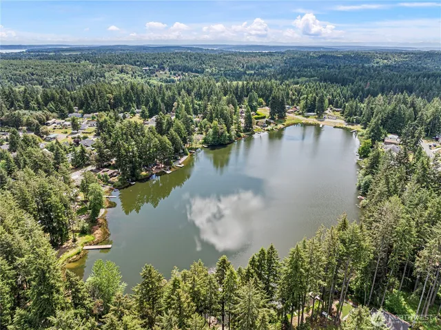 a view of a lake in middle of the town