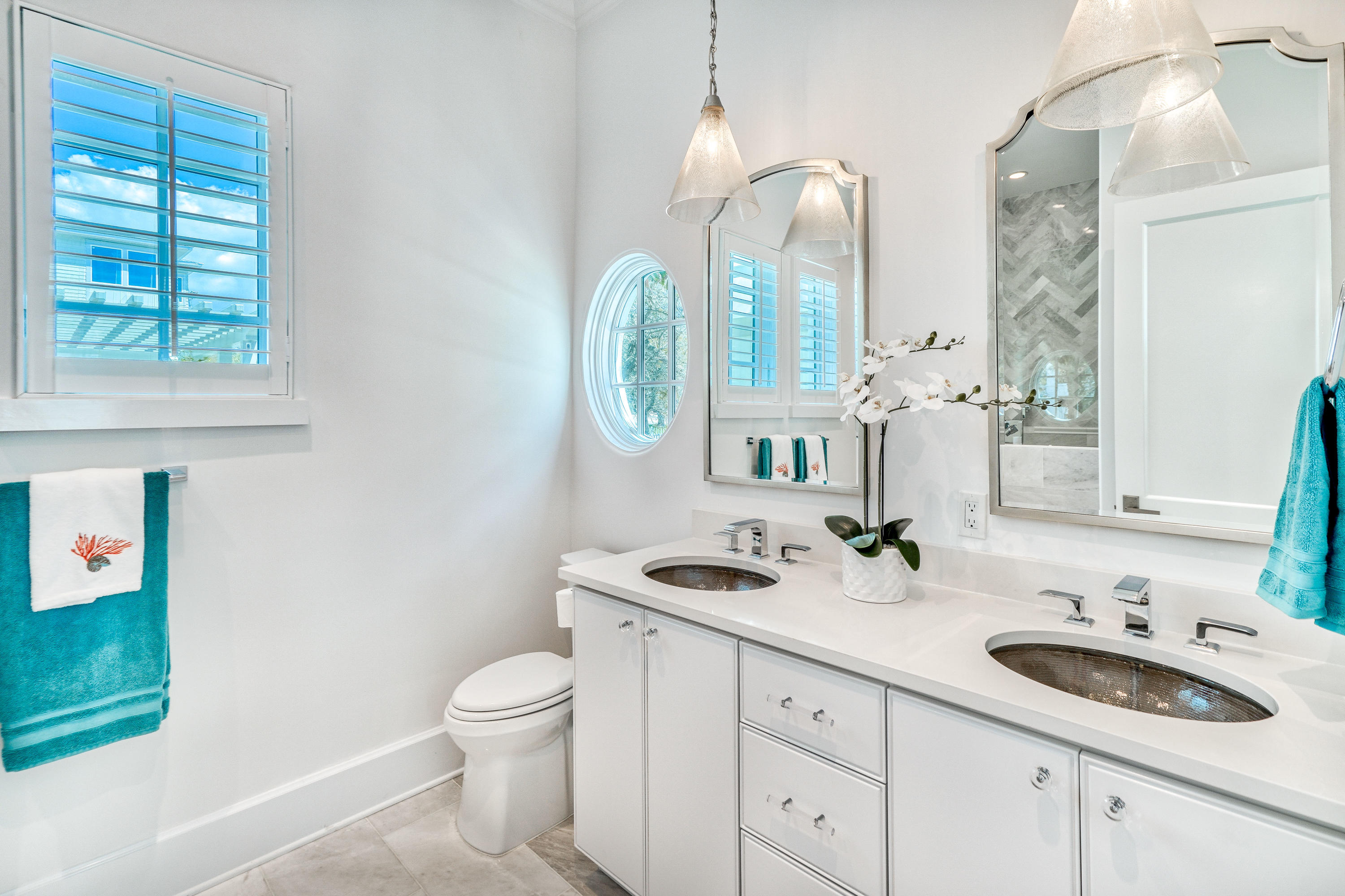 153 Pelican Cir Inlet Beach, Unit A Inlet Beach, FL 32461 - Photo 52 of 94 a bathroom with a granite countertop sink a toilet and a mirror