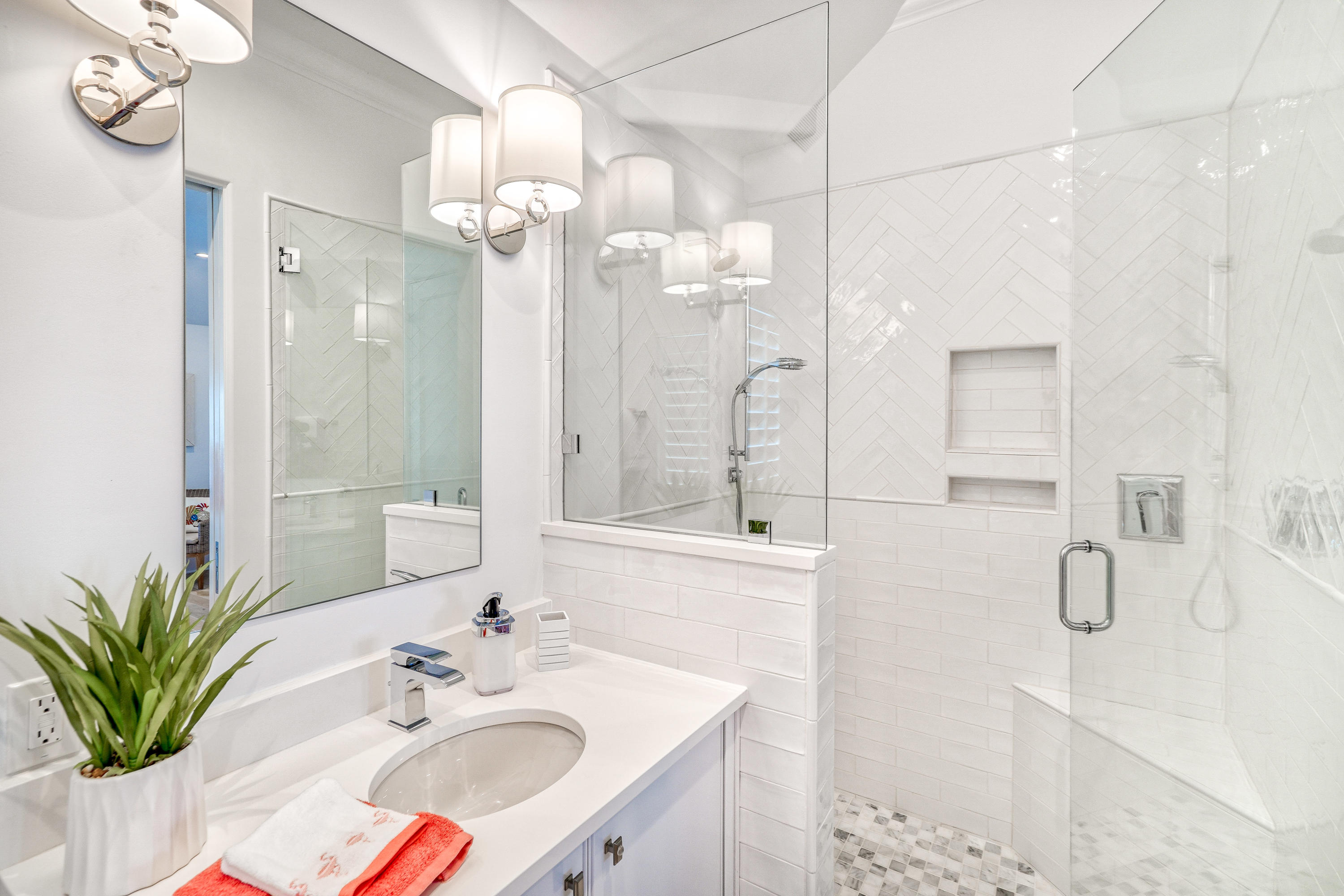 153 Pelican Cir Inlet Beach, Unit A Inlet Beach, FL 32461 - Photo 77 of 94 a bathroom with a sink a mirror and a shower